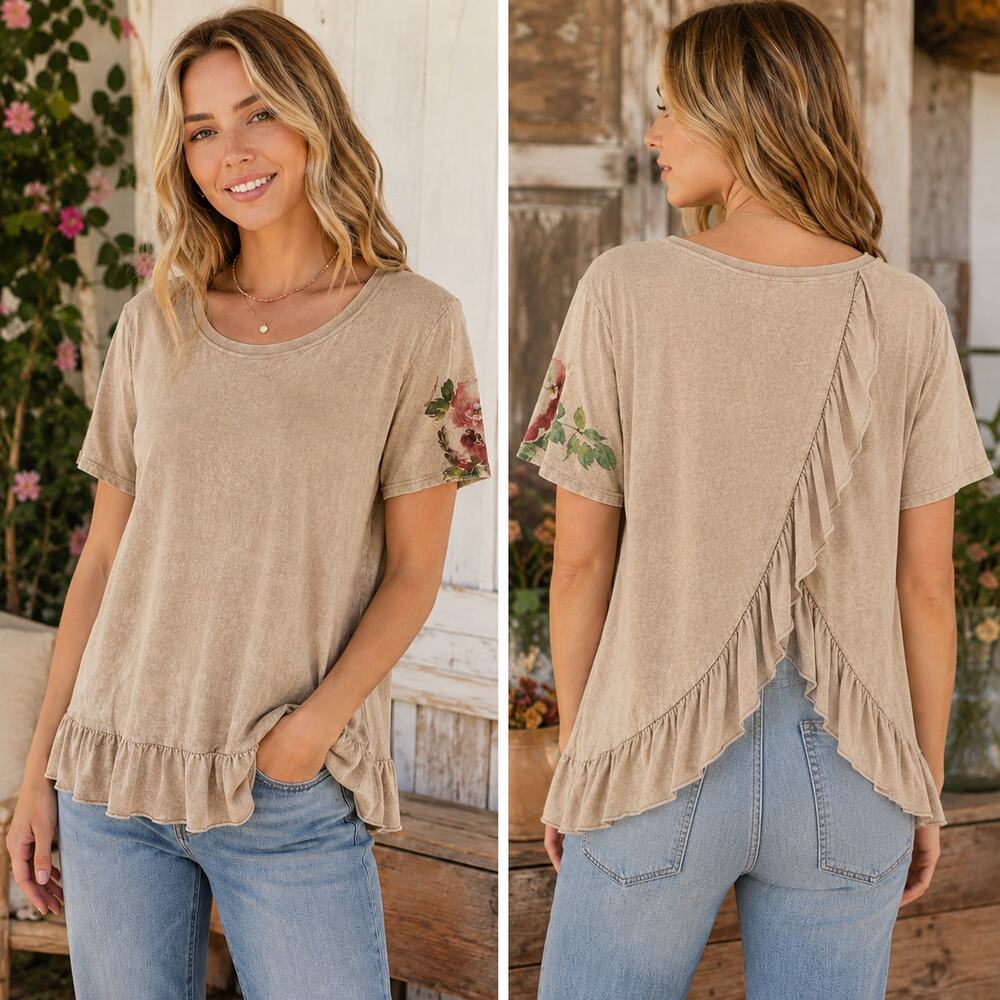 Aratta Silent Journey Knit Top Womens Size Large Tan Painted Floral Ruffle Tee